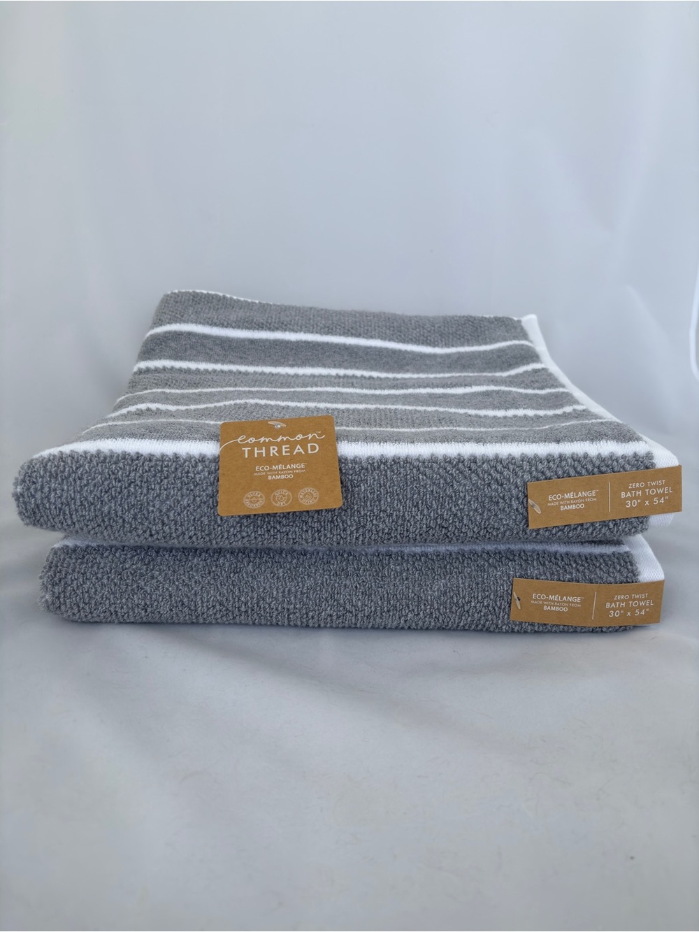 2 Pc Common Thread Grey & White Striped Bath Towels - Bamboo